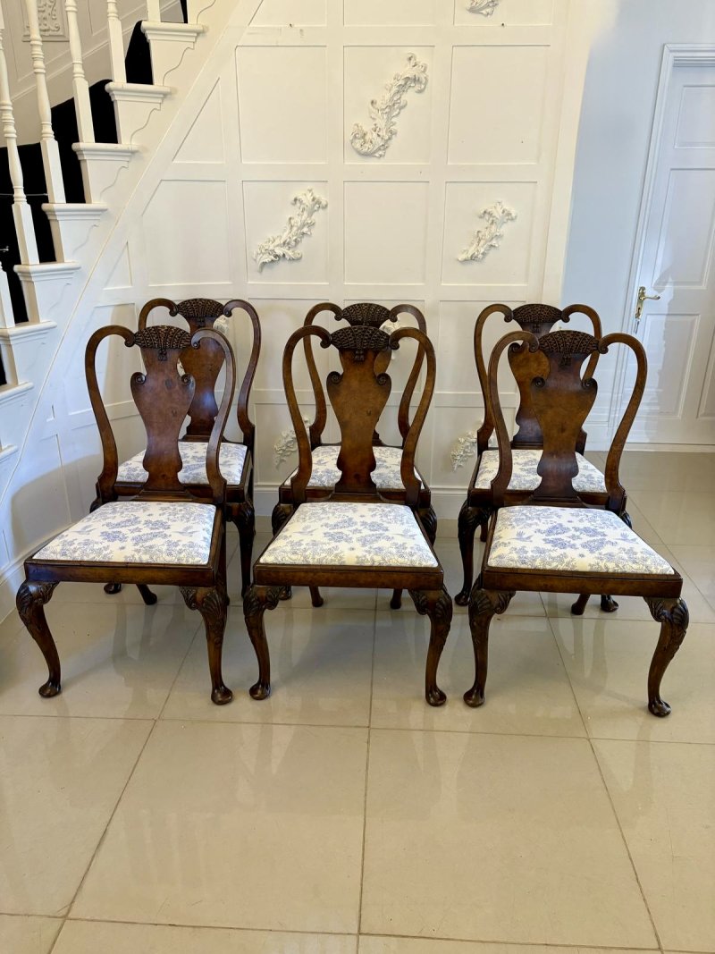 Superb Quality Set of 6 Antique Victorian Carved Burr Walnut Dining Chairs - Image 2